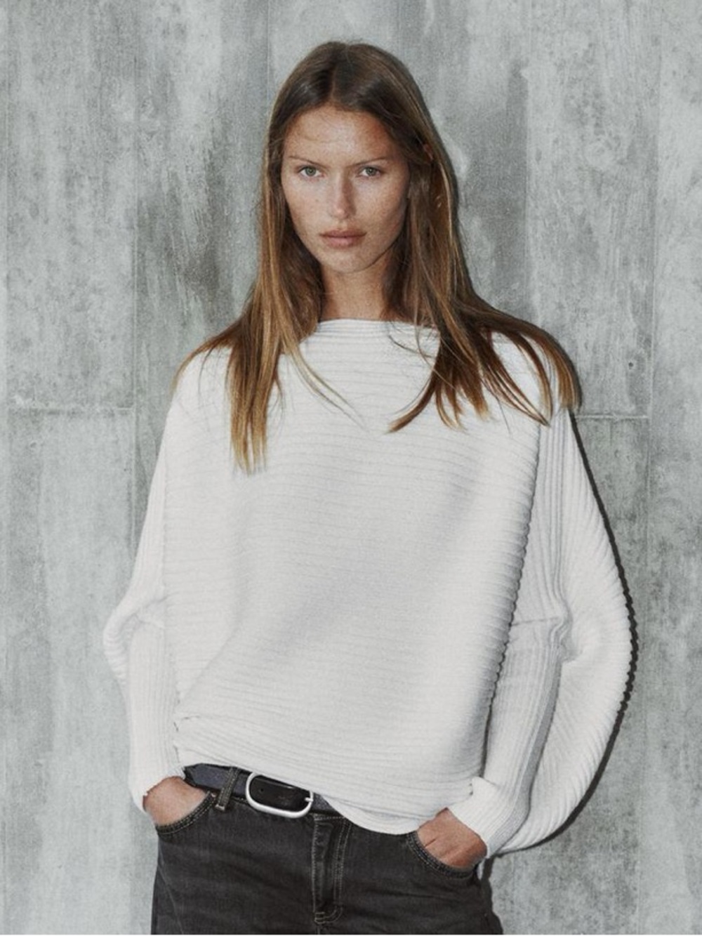 ZARA, WHITE, VOLUME TEXTURED KNIT JUMPER, S-M